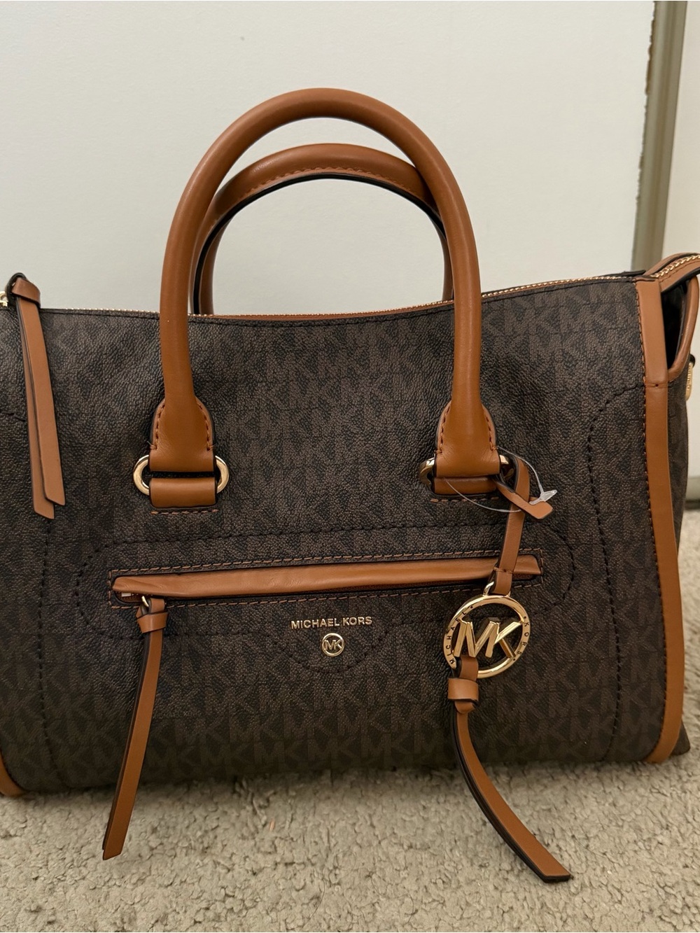 Michael Kors Brown and Tan MK Signature Satchel with Gold Charm